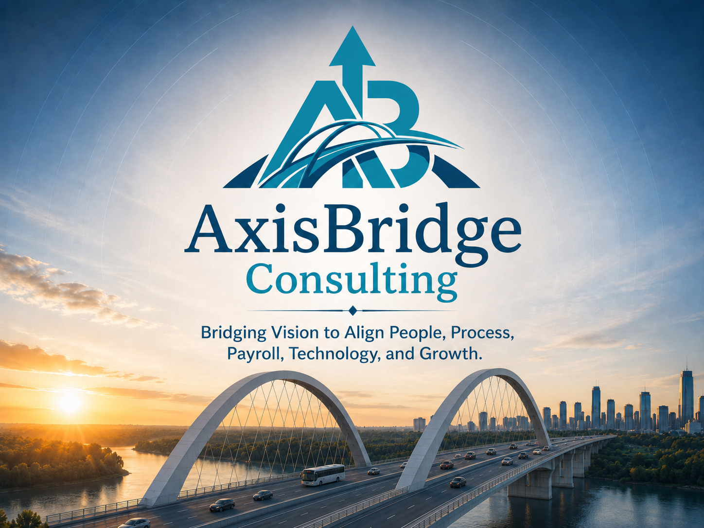 AxisBridge Consulting graphic featuring the AxisBridge mark, company name, growth tagline, and a bridge at sunrise.