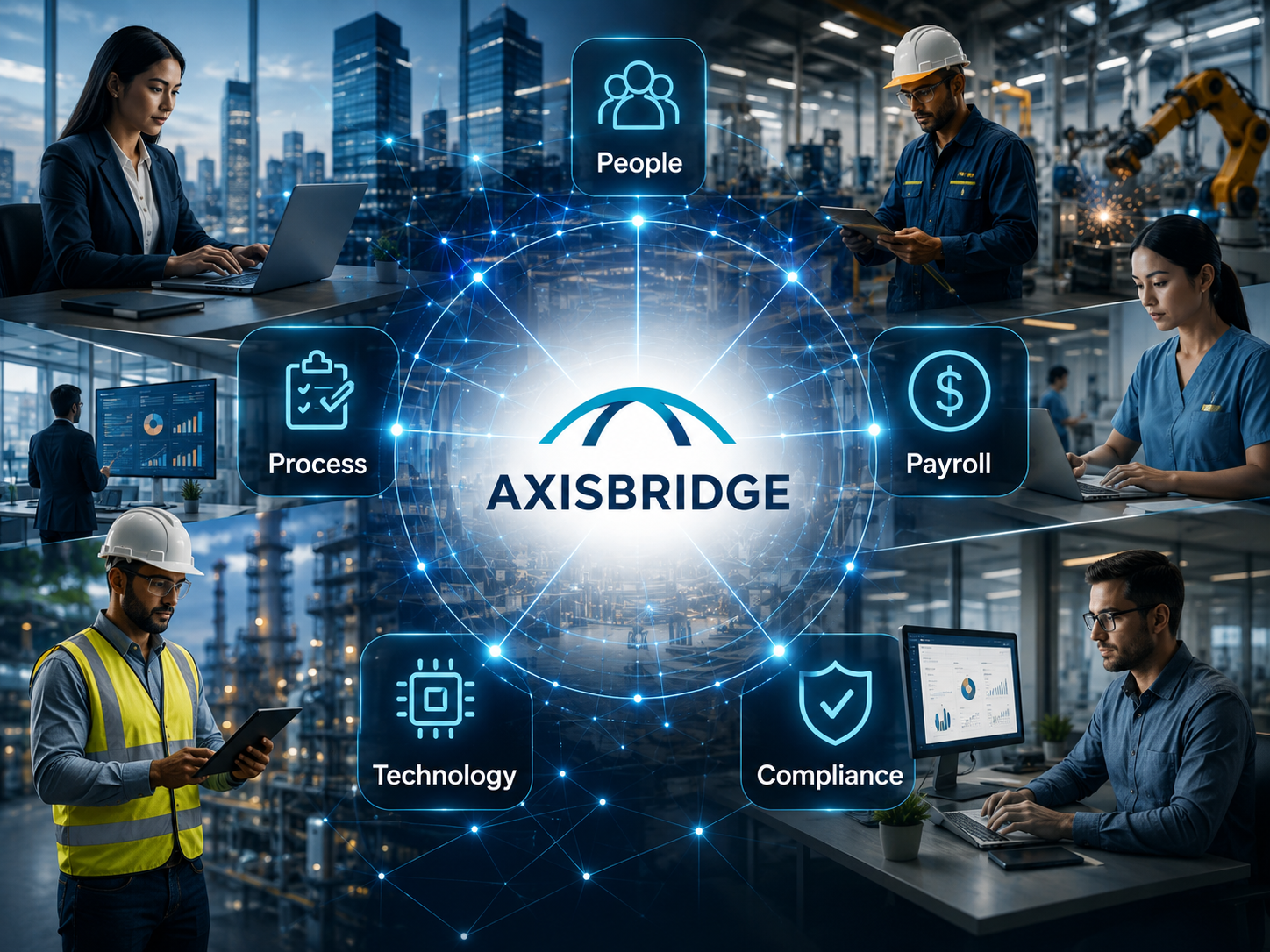 AxisBridge Industry-Aware Solutions diagram showing Growth, Scale, Complexity, Workforce, Compliance, and Technology.